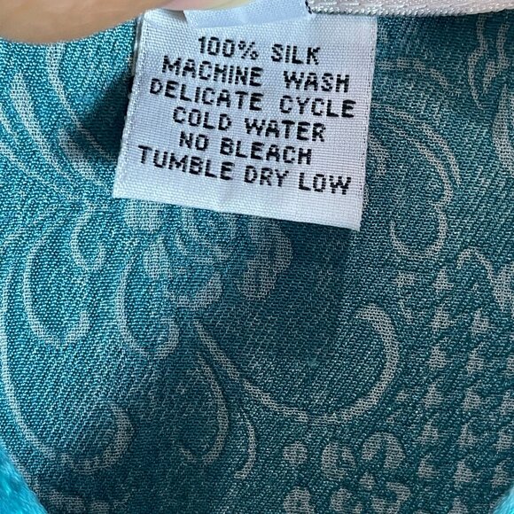 Citron Santa Monica Womens Large Teal 100% Silk Asian Fan Print Button Up Blouse - Picture 5 of 13